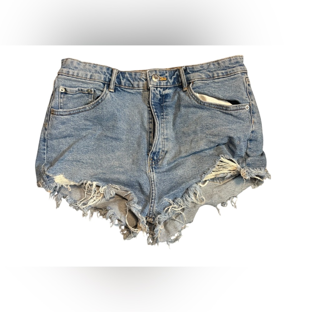 ZARA High Rise Distressed Denim Cutoff Shorts Blue Raw Hem Size 12